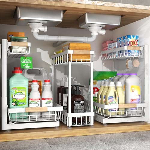 3-Pack 2-Tier Height Adjustable Under Sink Organizer, White | Multi-purpose metal storage shelf with sliding shelves for kitchen, bathroom, pantry & laundry cabinet - color: White