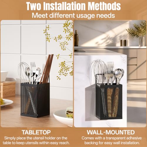 DTUQYX Wall-Mounted Kitchen Utensil Holder - No Drilling Self-adhesive Organizer Basket Countertop Silverware Caddy, Dual Use Mesh Storage for Spoons, Forks, Cooking Tools Bathroom & Makeup, Black