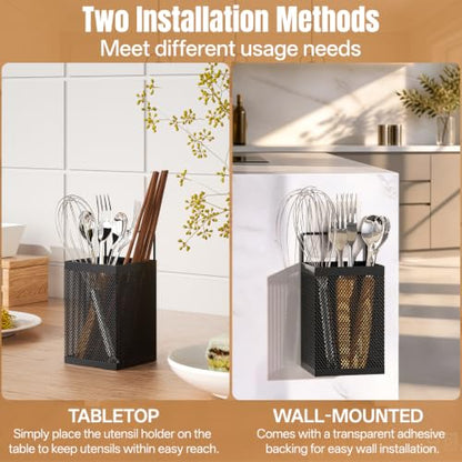 DTUQYX Wall-Mounted Kitchen Utensil Holder - No Drilling Self-adhesive Organizer Basket Countertop Silverware Caddy, Dual Use Mesh Storage for Spoons, Forks, Cooking Tools Bathroom & Makeup, Black