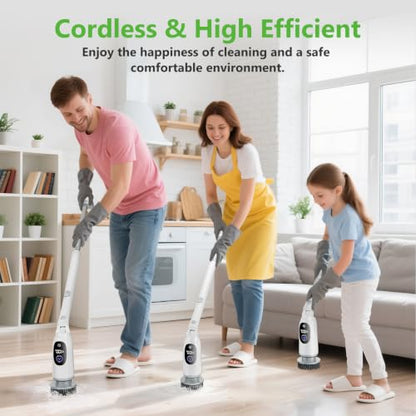 Electric Spin Scrubber, Bathroom Scrubber with Aluminum Alloy Handle | 3H Work Time, Cordless Cleaning Brush with 3-Speed, IPX7 Waterproof, 8 Brush Heads for Tile, Tub, Floor, Toilet, Grout