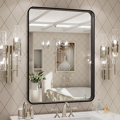 LOAAO 24X32 Inch Black Metal Framed Bathroom Mirror | Matte Black, Rounded Rectangle, Anti-Rust, Hangs Horizontally or Vertically - color: Black, size: 24"L x 32"W