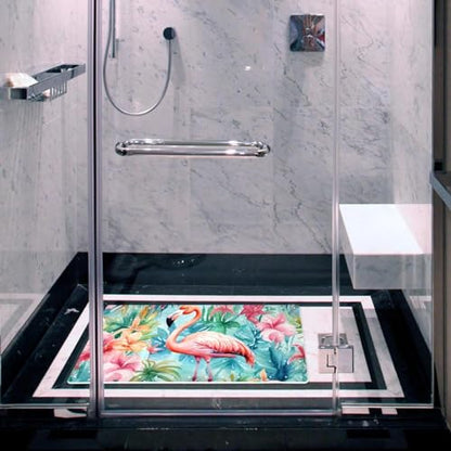 Non Slip Bath Mat for Tub, 15.1 x 26.8 Inch Bathtub Mat Machine Washable Shower Mat with Drain Holes and Suction Cups, Tropical Palm Leavs Flower Flamingo - color: Multi 08