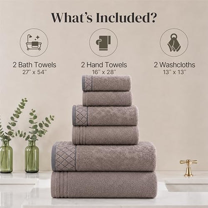 Modern Threads 6 Piece Cotton Bath Towel Set – Ultra Soft 550 GSM Towels – Bathroom Set with Hand Towels and Washcloths – Diamond Border (Classic Taupe) - color: Classic Taupe, style: Diamond Border