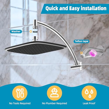 Rain Shower Head with 12" Metal Extension Arm, 10" High-Pressure Showerhead | Chrome Finished, Boosting Rainfall/Fixed Showerhead, Shower Head Extender Adjustable Height/Angle, 1-Min Easy to Install - color: Chrome, size: 12 Inch