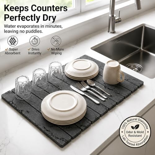 Stone Dish Drying Mat for Kitchen Counter Large Quick Dry Diatomaceous Earth Stone Drying Mat Foldable Water Absorbent Dish Drying Mat for Dishes Cups Bottles Kitchen Sink Countertop (Grey Marble) - color: Gray Marble
