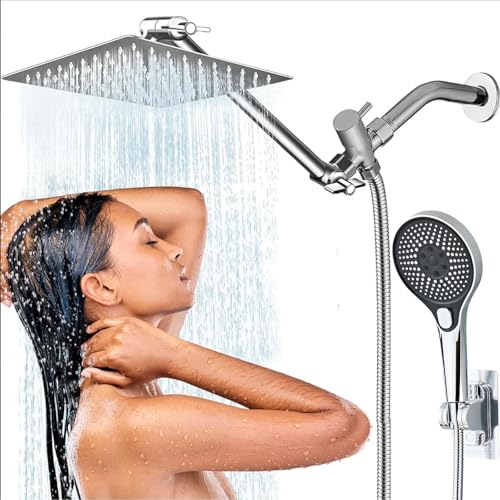 Shower Head,10'' Rain Shower Head with 11'' Angle Adjustable Extension Arm and Handheld Spray Combo/Flow Regulator/Shower System/Angle Adjustable/5Ft Hose, Height (Chrome, 8 Inch)