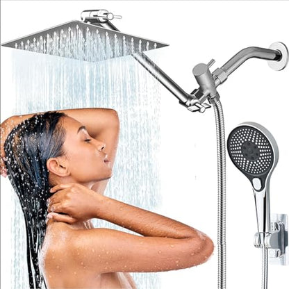 Shower Head,10'' Rain Shower Head with 11'' Angle Adjustable Extension Arm and Handheld Spray Combo/Flow Regulator/Shower System/Angle Adjustable/5Ft Hose, Height (Chrome, 8 Inch)