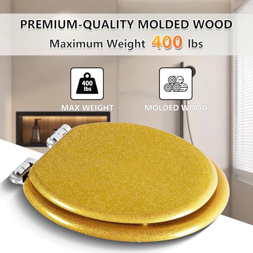 Angol Shiold Glitter Toilet Seat Molded Wood Round Toilet Seat with Quietly Close and Quick Release Hinges, Easy to Install also Easy to Clean (Round 16.5'', Gold) - color: Gold, size: Round 16.5‘’