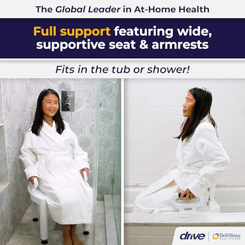 Drive Medical Shower Chair with Back and Arms, White, 350 Lb Capacity | Bathroom Bench Offers Back and Arms with Suction Tip Legs for Added Stability and 350 Lb Weight Capacity