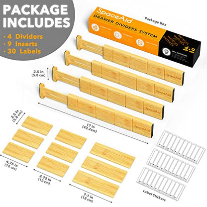 SpaceAid Bamboo 13.25-17“ Drawer Dividers (Need 2.35" Deep Drawer) Kitchen Adjustable Organizers, Expandable Organization for Home, Office, Dressers, 4 Dividers with 9 Inserts