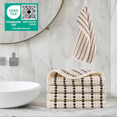 POLYTE 430 GSM Microfiber Lint Free Washcloth Face Towel, 13 x 13 in, 4 Pack (Waffle Weave) - color: Light Beige/Black