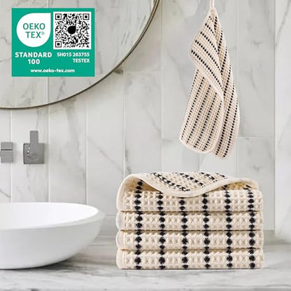 POLYTE 430 GSM Microfiber Lint Free Washcloth Face Towel, 13 x 13 in, 4 Pack (Waffle Weave) - color: Light Beige/Black
