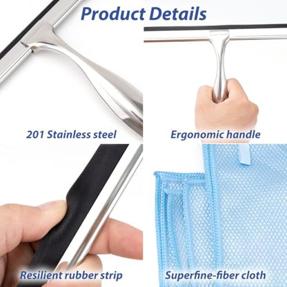 Set of 2 Stainless Steel Shower Squeegees, 10” & 12” with Wall Hook Holders and Microfiber Cloths, Ideal for Glass and Window Cleaning