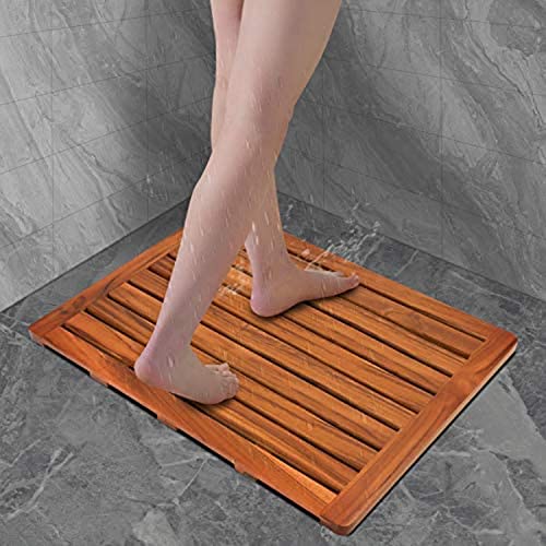 Utoplike (24"x18") Teak Wood Bath Mat, Shower Mats for Bathroom Large | Solid Wooden, with Non-Slip Pads, for Spa Home or Outdoor Inside Shower - size: 24" x 18" (Rectangular)