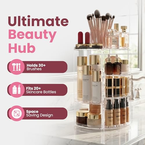 Masirs 360 Rotating Makeup Organizer Countertop, Adjustable Shelf, Clear | 360-Degree Rotating Makeup Organizer, Adjustable Shelf Height, Cosmetic Perfume Skincare Storage, Vanity Countertop, Clear - color: Clear