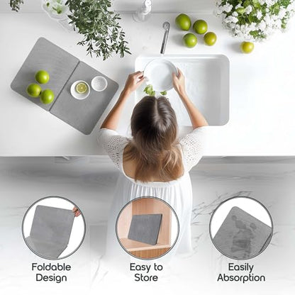 Foldable Stone Bath Mat, Fast Drying and Non-Slip Natural Diatomaceous Earth Mat, Multifunctional Eco-Friendly Stone Mat for Bathroom, Large, Grey