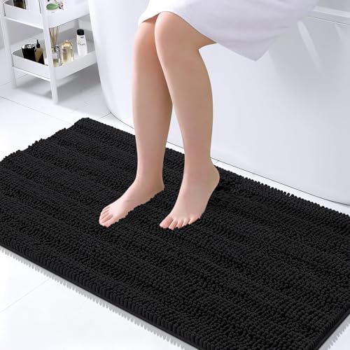 OLANLY Thick Large Bathroom Rugs 45x27, Soft Chenille Bath Rugs, Black | Absorbent Striped, Rubber Backing, Machine Wash Dry, Bath Mats for Bathroom Floor, Tub and Shower, Home Decor Accessories - color: Black, size: 45" X 27"