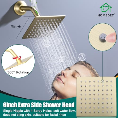 HOMEDEC Bathroom Shower Faucet Set with 14x20inch LED and Dual 6inch Shower Heads, 5 Way Thermostatic Diverter Valve Shower Valve Kit, Brushed Gold - color: Brushed Gold, style: 5-Way + 2x 6" Top