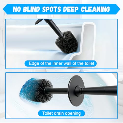 Plastic Toilet Brush and Holder Set for Bathroom and Toilet Cleaning, Black | Extra Long Handle; Splash Guard; Covered Holder; Hard Dense Bristles; Stable Base; - color: Black