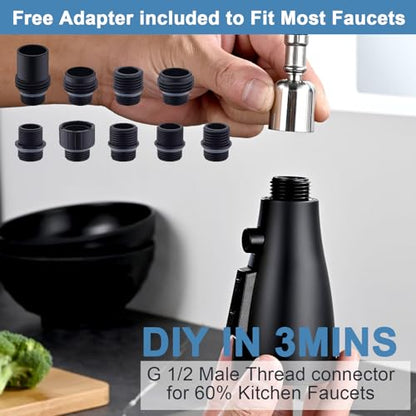 Stainless Steel Kitchen Faucet Head Replacement Matte Black 3-Function Kitchen Sink Sprayer replacement for Most Pull-out Kitchen Faucet, High Pressure Sink Spray Head with 9 Adapters & Faucet Aerator - color: ‎Matte Black
