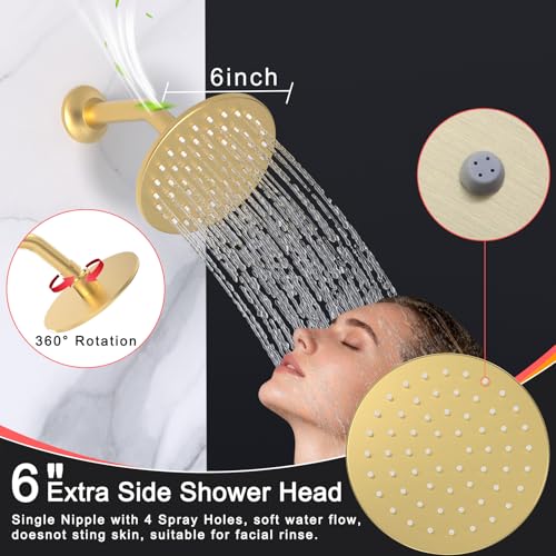 HOMEDEC 16" Round Shower Faucet Set with 6" Wall Mounted Shower Head, 4 Way Shower Valve with 2-Function Handheld Shower and Body Jets, Brushed Gold - color: Brushed Gold, style: 4-Way + 1x 6" Top