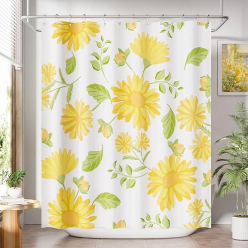 AmazerBath Floral Shower Curtain, Washable Cloth Shower Curtain Sets with 12 Shower Curtain Hooks, Fabric Rustic Yellow Gerbera Flower Eucalyptus Fall Shower Curtains for Bathroom Decor, 72x72 Inches - color: C- Yellow +12 Metal Hooks, size: 72"W x 72"L (