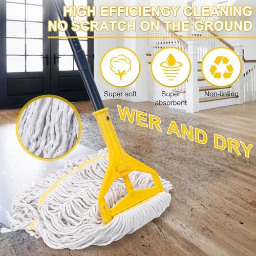 Commercial Mop with 2 Large Replacement Heads,Heavy Duty Industrial Mops | 59" Long Handle,for Floor Cleaning,Looped-End String Wet Cotton Mop for Home,Kitchen,Office,Garage,Concrete/Tile Floor - size: 1 Large Industrial Mop with 2 Mop Heads