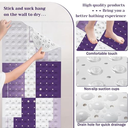 Purple Bath Tub Mat Non Slip, Modern Geometric Large Washable Shower Mats with Drain Holes and Suction Cups,40 X 16 Inch - color: Purple