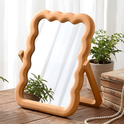 Wooden Wave Shaped Makeup Table Mirror with Stand Folding Tabletop Vanity Mirror Scalloped Aesthetic Wood Framed Standing for Boho Office Desk Home Decoration, 10.24 x 7.87 x 0.79 Inches