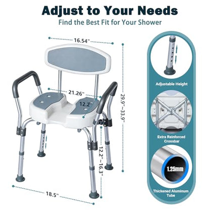 U-Shape Shower Chair for Inside Shower | 330LBS Weight Capacity, Padded Armrests & Backrest, Height Adjustable, Non-Slip, Tool-Free Assembly