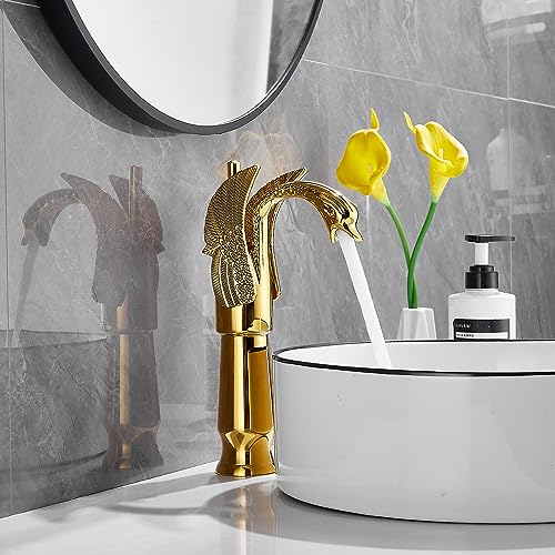 Gold Swan Shape Single Handle One Hole Bathroom Vessel Sink Faucet Deck Mount Lavatory Sink Faucet - color: Gold, size: Tall