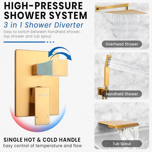 Wall Mounted Shower Faucet Set, Shower System with Tub Spout, 10 Inch Rainfall Shower Head with Handheld Spray, Waterfall Tub Spout Bathtub Faucet, Brushed Gold - color: Brushed Gold