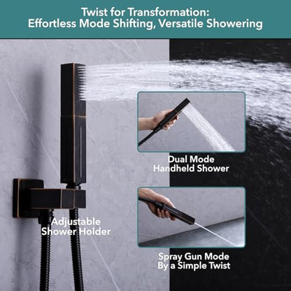 VANFOXLE Shower Faucet Set Oil Rubbed Bronze Modern Shower System | Push Button Diverter, 10 Inch Ceiling Mount Rain Head Increased Thick, 6 Inch Side Head, 2-in-1 Handheld Sprayer - color: Oil Rubbed Bronze, style: 10"+6" Head