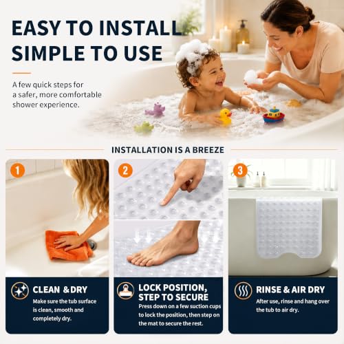 Yimobra Non Slip Bathtub Mat 40 x 16 Inch, Extra Long Shower Mat with Drain Holes, Machine Washable Baby Bath Mats, Strong Suction Cups for Bathroom Floor, Clear - color: Clear