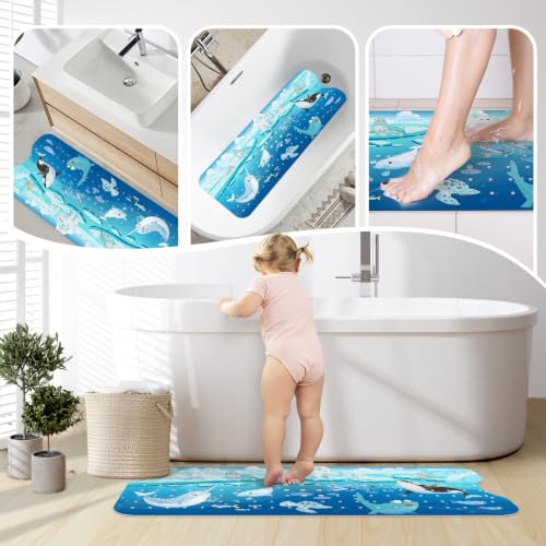 SHUCHING Blue Baby Bath Mat for Tub Non Slip-40x16 Inch, Animal | Bathtub Mat for Kids & Toddler Mold Free, Long Shower Mat for Inside Shower with Suction Cup, Machine Washable - color: Polar Animal