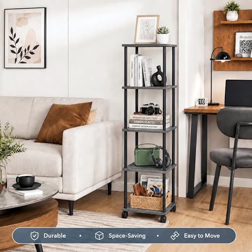 5-Tier 50.4" Tall Oak Grey Bathroom Shelving Unit with Wheels | Wood Finish, Metal Frame, Rolling Narrow Open Shelf Design, for Laundry Room, Kitchen, Living Spaces, Easy to Move - color: Oak Grey, size: 5-Tier