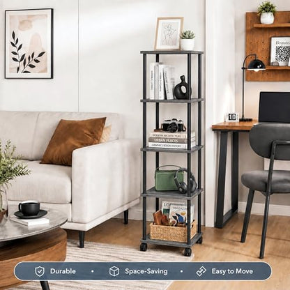 5-Tier 50.4" Tall Oak Grey Bathroom Shelving Unit with Wheels | Wood Finish, Metal Frame, Rolling Narrow Open Shelf Design, for Laundry Room, Kitchen, Living Spaces, Easy to Move - color: Oak Grey, size: 5-Tier
