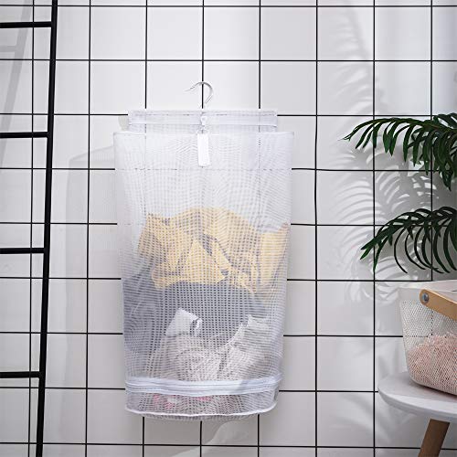 ALYER Hanging Semi Round Storage Mesh Bag,Collapsible Laundry Hamper Basket with Durable Hanger (White) - color: White