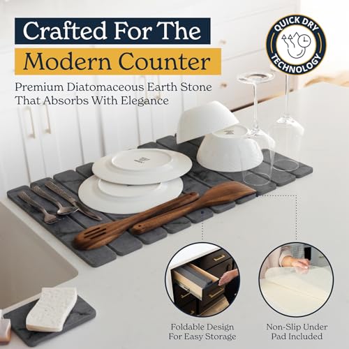 Oleex 3-Pack Stone Dish Drying Mat Set Includes 1 Large 24”x16” & 2 Small 4”x9” for Kitchen Counter-Collapsible Diatomaceous Earth Pad Absorbs Water & Dries Dishes Fast, Non-slip, Odor-Resistant Mats - color: Dark Grey Marble