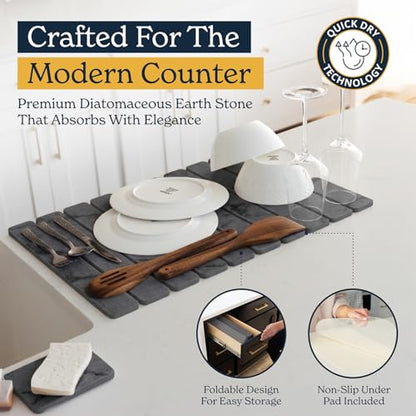 Oleex 3-Pack Stone Dish Drying Mat Set Includes 1 Large 24”x16” & 2 Small 4”x9” for Kitchen Counter-Collapsible Diatomaceous Earth Pad Absorbs Water & Dries Dishes Fast, Non-slip, Odor-Resistant Mats - color: Dark Grey Marble