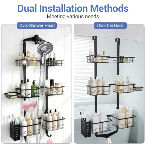 Extra Large Shower Caddy Hanging, Rust-Resistant Shower Organizer Hanging, 3 Tier Height-Adjustable Over the Head Caddy, Rack with Soap Basket (Black) - color: Black
