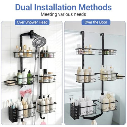 Extra Large Shower Caddy Hanging, Rust-Resistant Shower Organizer Hanging, 3 Tier Height-Adjustable Over the Head Caddy, Rack with Soap Basket (Black) - color: Black