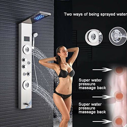 Stainless Steel Shower Panel Tower System LED Rainfall Waterfall Shower Head Handheld Shower Head Body Jets Tub Spout Water Temperature Display