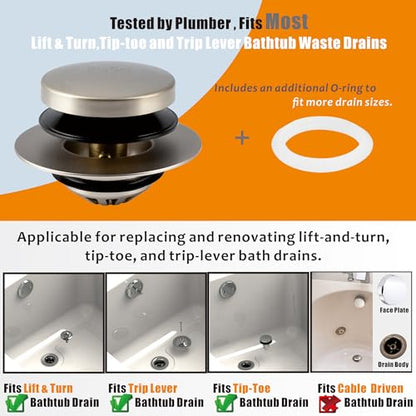 Tub Drain, 2 in 1 Pop-up Bathtub Plug with Hair Catcher | Easy Installation Bath Drain Stopper with Strainer, Brushed Nickel - color: Brushed Nickel