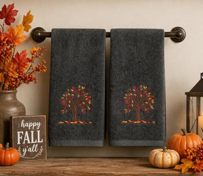 Serafina Home Harvest Fall Bathroom Guest Hand Embroidered Towels 2 Pc Set: Autumn Tree Design Bath Plush Grey Gray Towels, 100% Cotton, 16" x 25" Inches, Oeko-TEX Certified - color: Autumn Tree Grey