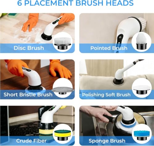 Electric Spin Scrubber, 6 Replaceable Heads,IPX7,Telescoping Handle | Cordless & Rechargeable, 2-Speed Powerful Scrubbing, Perfect for Bathroom, Kitchen & Car Cleaning