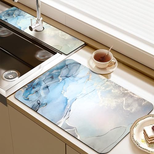19.5" x 12" Dish Drying Mat & 24" x 5.5" Sink Splash Guard, Super Absorbent Drainer Rack Mat for Kitchen Counter Coffee Bar - color: Blue, size: 19.5"*12"+24"*5.5"
