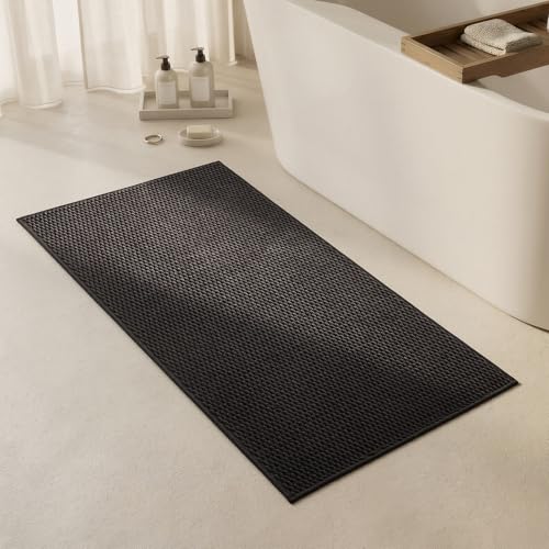 Triohero Bathroom Rugs Non Slip Washable, Super Absorbent Thin Bath Mat Quick Dry Low Pile Bathroom Rug, Black 24"x47" - color: Black, size: 24"x47"