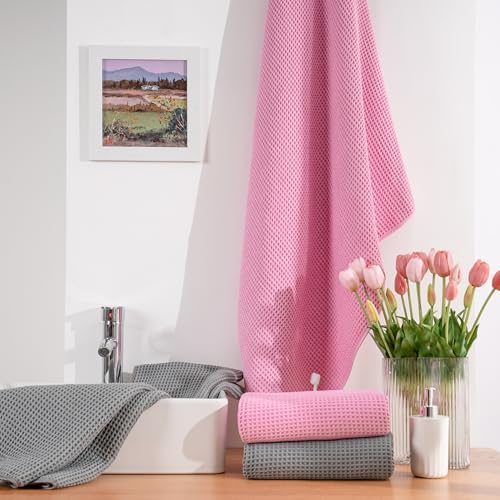POLYTE 430 GSM Poly Blend Microfiber Quick Dry Waffle Bath Towel, 30x60 in | 4 Pack, Oversize, Lint Free, Body Towel - color: Gray,pink