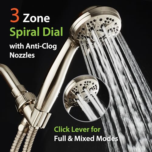AquaDance High Pressure 6-Setting Full Brushed Nickel Handheld Shower Head with Stainless Steel Hose. Officially Independently Tested to Meet Strict US Quality & Performance Standards! | Anti-clog Jets, Premium Stainless Steel Hose & Adjustable Bracket fo